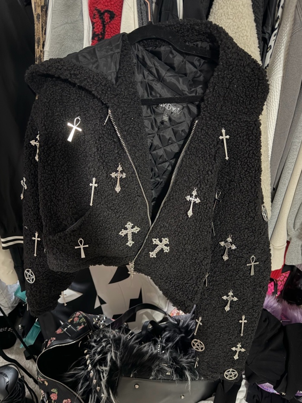 Widow dolls kill Sherpa crop jacket crosses pentagrams